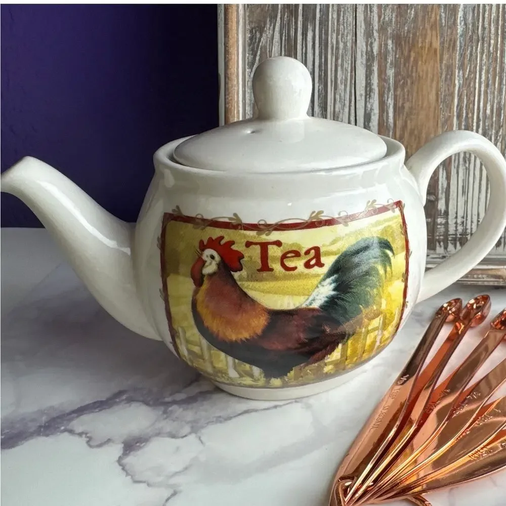 Cozy Vintage Farmhouse Kitchen Bundle Rooster Tea Set Tray Cookbook Copper Decor